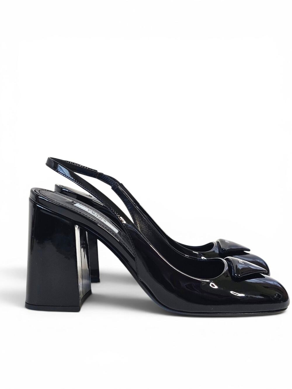 Prada Vernice Black Patent Leather Slingback Block Heel Pumps Triangle Logo 38 - Picture 1 of 11